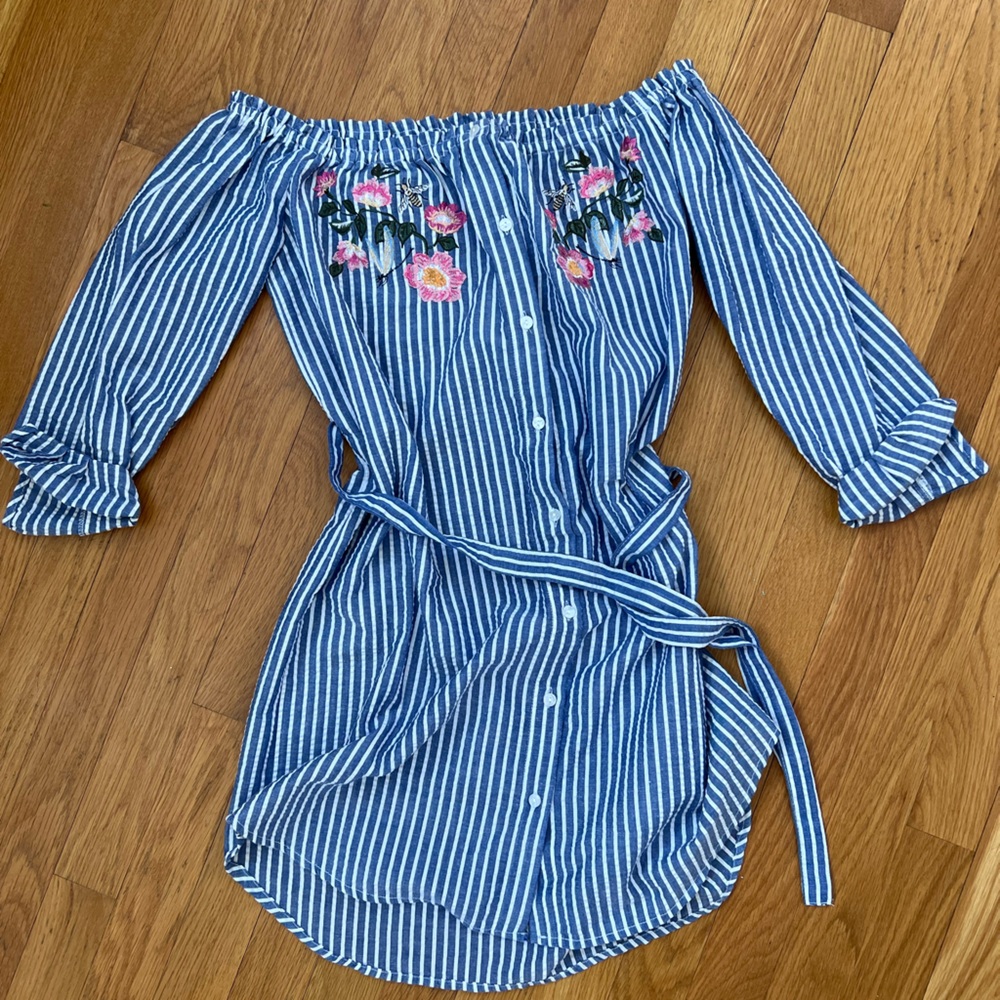 Striped Blue Off-Shoulder Dress with Floral Embroidery